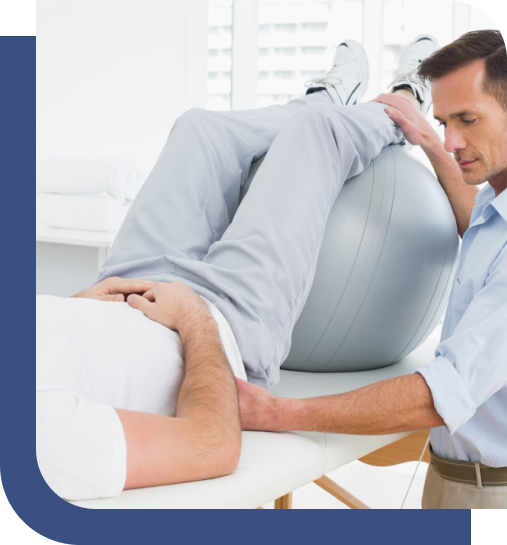 A hip adjustment chiropractor assisting a patient with a hip adjustment exercise using a stability ball