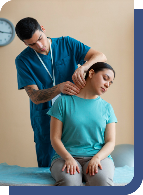 A neck chiropractor performing a gentle neck adjustment on a seated patient to alleviate discomfort and enhance range of motion