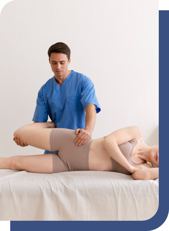 A hip adjustment chiropractor performing a hip alignment adjustment on a patient lying on her side to improve mobility