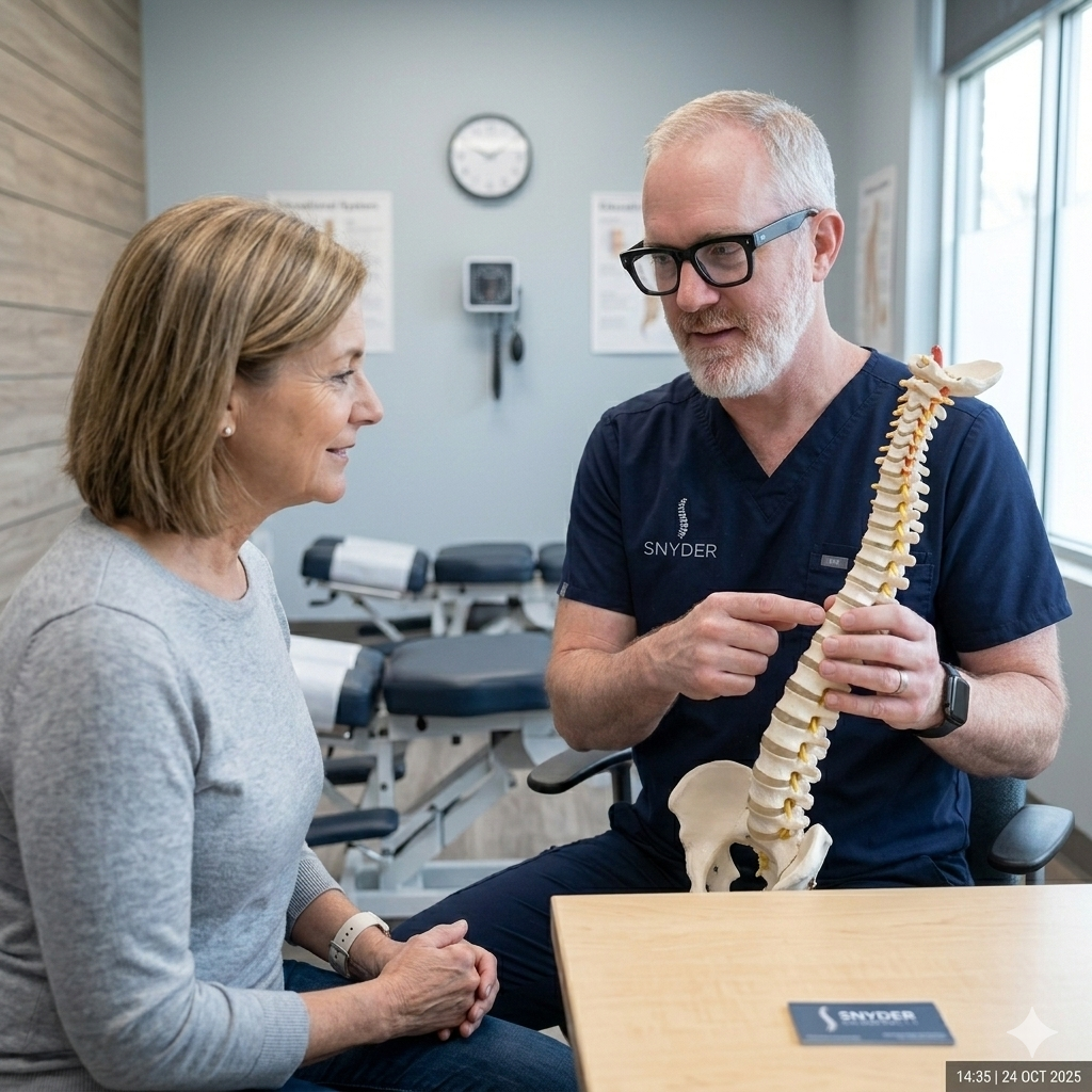 Dr Justin Snyder consulting patient after a car accident injury