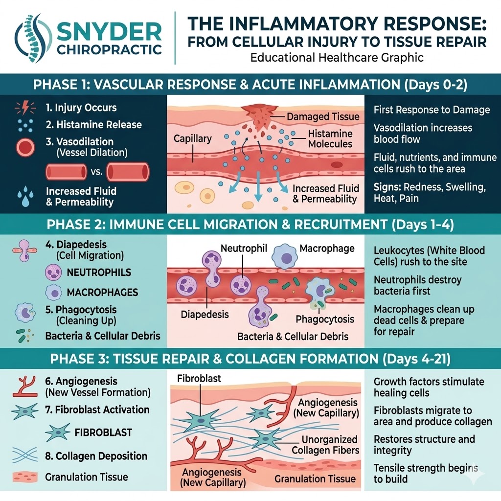 Anatomical diagram showing inflammatory cellular response at tissue level including blood vessel dilation immune cell migration and soft tissue repair process